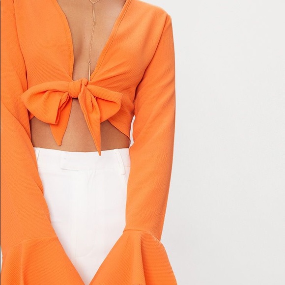 PrettyLittleThing Tops - Tangerine Tie Bell Sleeve Blouse